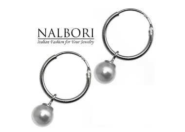 NALBORI|orecchini argento 925 a cerchio rodiati con ciondolo perla