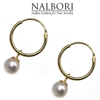 NALBORI|orecchini argento 925 a cerchio placcati oro giallo con ciondolo perla