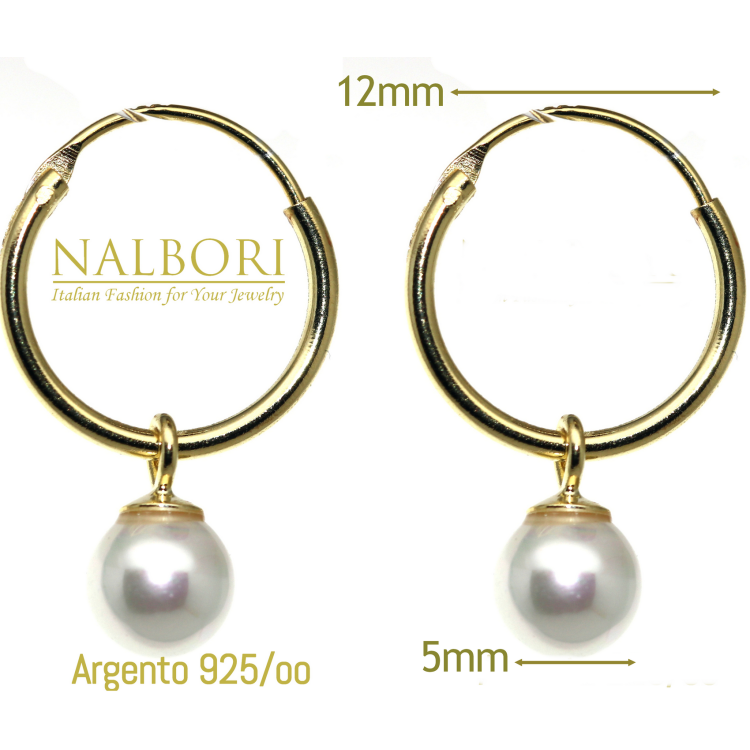 NALBORI|orecchini argento 925 a cerchio placcati oro giallo con ciondolo perla