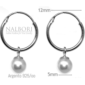 NALBORI|orecchini argento 925 a cerchio rodiati con ciondolo perla