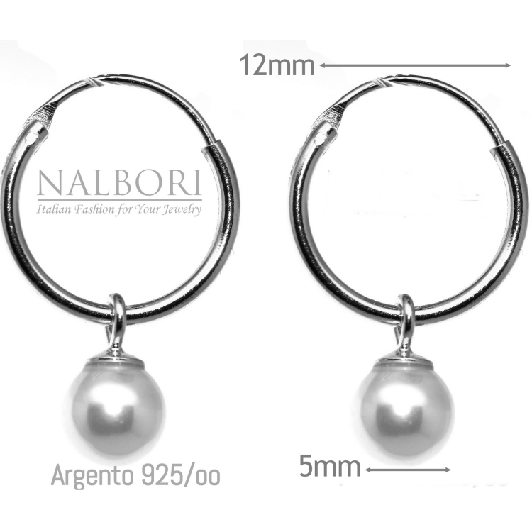 NALBORI|orecchini argento 925 a cerchio rodiati con ciondolo perla