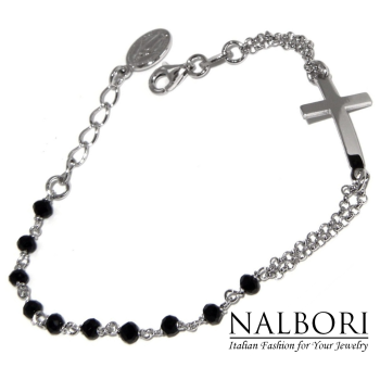 NLB|Bracciale rosario uomo donna in Argento 925 madonna miracolosa , croce convessa e cristallo nero . Mis 15,50 - 17,50