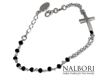 NLB|Bracciale rosario uomo donna in Argento 925 madonna miracolosa , croce convessa e cristallo nero . Mis 15,50 - 17,50