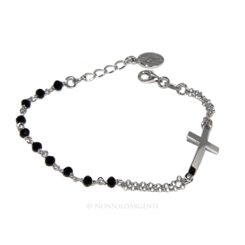 NLB|Bracciale rosario uomo donna in Argento 925 madonna miracolosa , croce convessa e cristallo nero . Mis 15,50 - 17,50