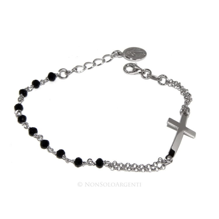 NLB|Bracciale rosario uomo donna in Argento 925 madonna miracolosa , croce convessa e cristallo nero . Mis 15,50 - 17,50