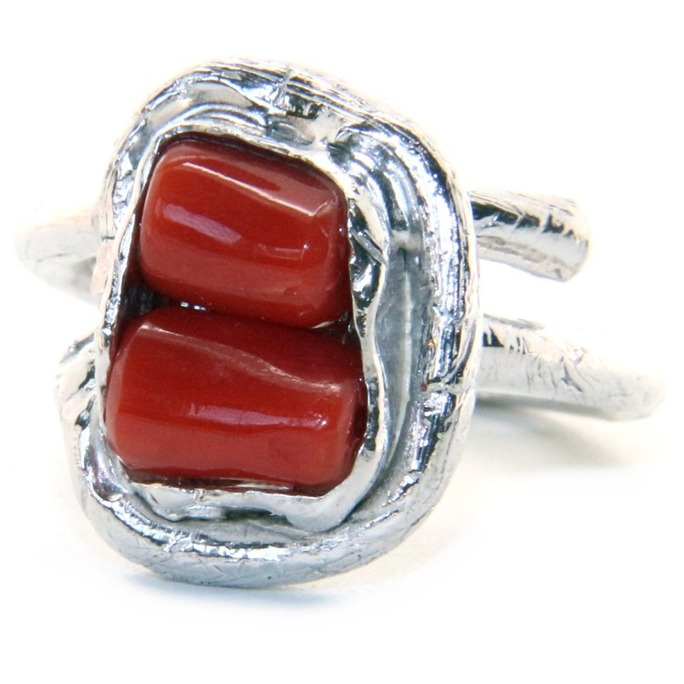 NLB|Argento 925 : Anello donna regolabile realizzato a mano barilotti corallo rosso intenso naturale