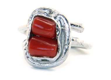 NLB|Argento 925 : Anello donna regolabile realizzato a mano barilotti corallo rosso intenso naturale