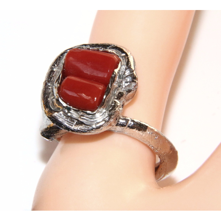 NLB|Argento 925 : Anello donna regolabile realizzato a mano barilotti corallo rosso intenso naturale