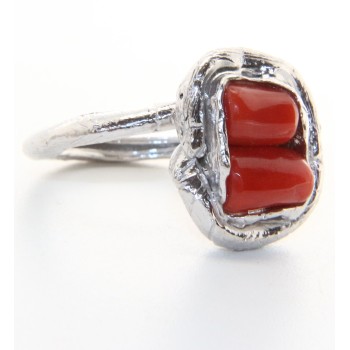 NLB|Silver 925: Women's adjustable hand ring made of natural intense red coral barrels