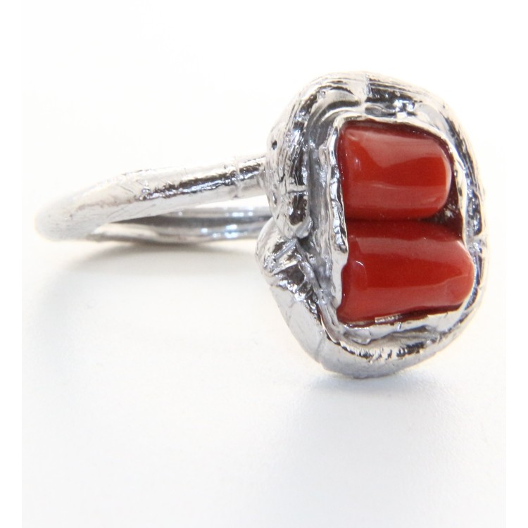 NLB|Argento 925 : Anello donna regolabile realizzato a mano barilotti corallo rosso intenso naturale