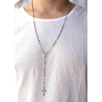 NLB|Collana rosario uomo o donna in Argento 925 croce lavorata palline 5 mm 67 cm Rodiato nalbori official store