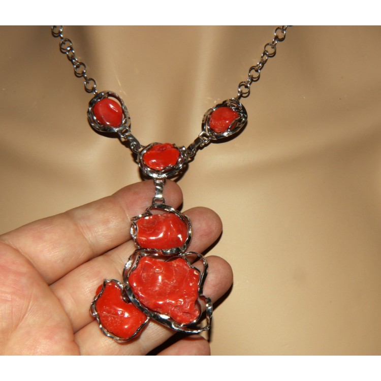 NLB|Necklace silver necklace 925 silver capri with large coral gems veracious red from the Mediterranean