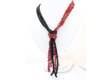 NLB|necklace scarf line Capri 3-wire two-tone red black coral reef true Italian red and black agate beads