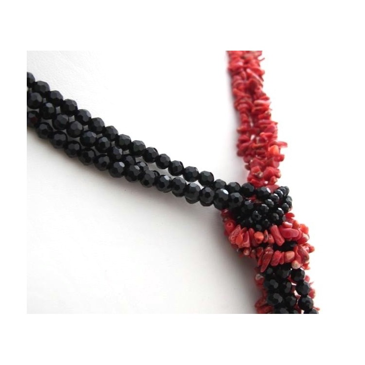 NLB|collana sciarpina 3 fili bicolore rosso nero in corallo scoglio verace e agata