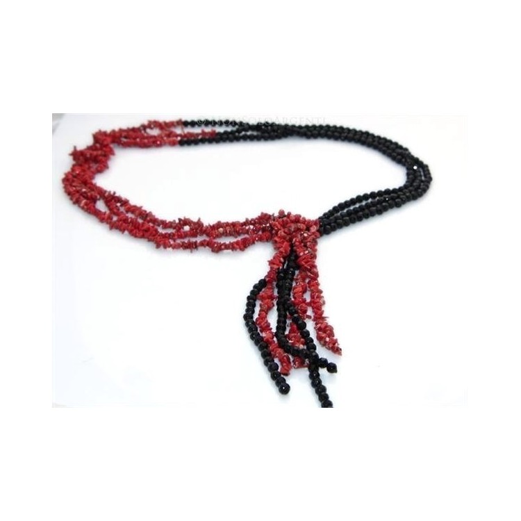 NLB|collana sciarpina 3 fili bicolore rosso nero in corallo scoglio verace e agata