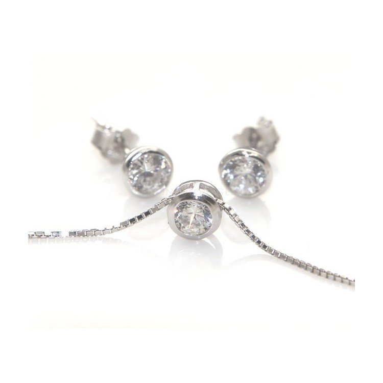 NLB|Argento 925 : Parure cipollino punto luce con zircone. Catena veneziana ciondolo passante e Orecchini abbinati + astuccio
