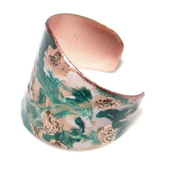 NLB|Anello aperto regolabile anse CopperFantasy smalto verde panna glitter