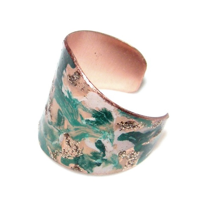 NLB|Anello aperto regolabile anse CopperFantasy smalto verde panna glitter