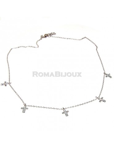 Argento 925 : Collana Collier donna 5 pendenti a giro croce con pavè zirconi aquamarine light