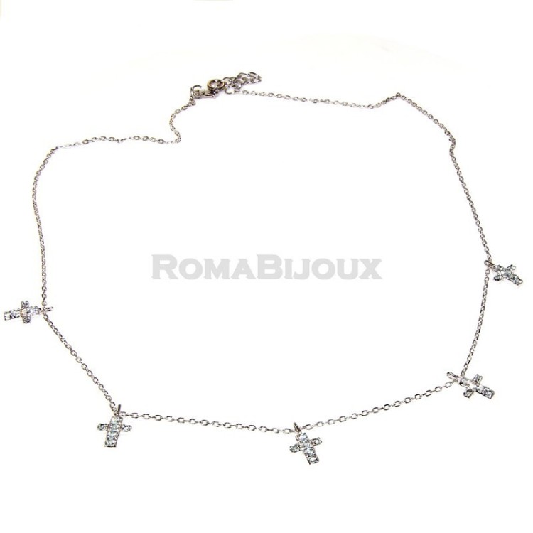 NLB|Argento 925 : Collana Collier donna 5 pendenti a giro croce con pavè zirconi aquamarine light