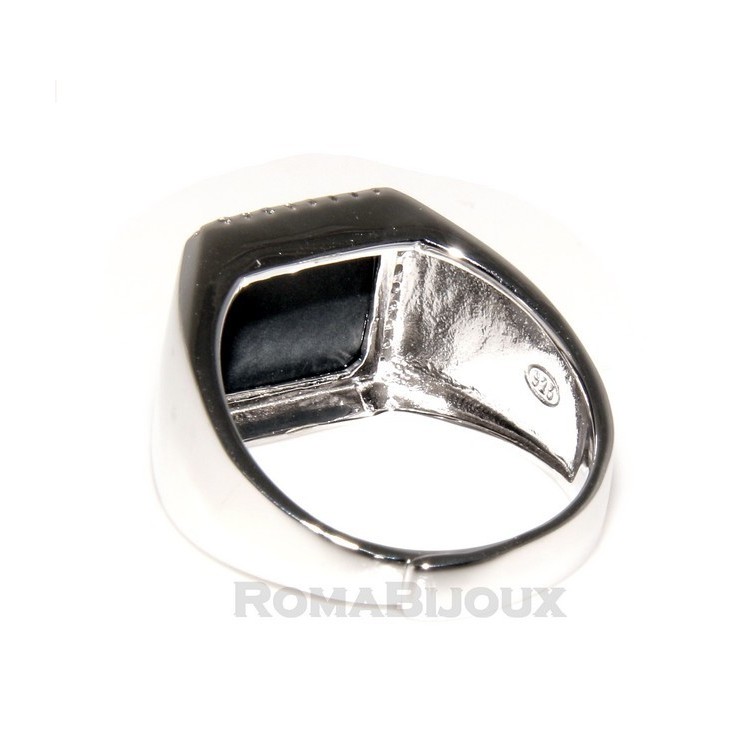NLB|Anello Argento 925 da uomo anche mignolo chevalier a scudo quadrato pietra nera e giro di zirconi regolabile