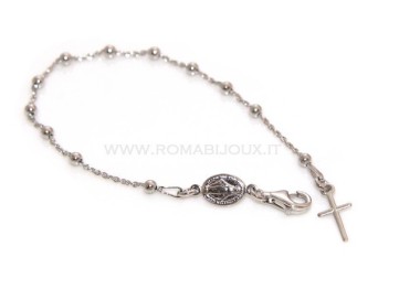 NLB|Rosary bracelet man or woman in 925 sterling silver cross smooth rod White gold balls 3 mm