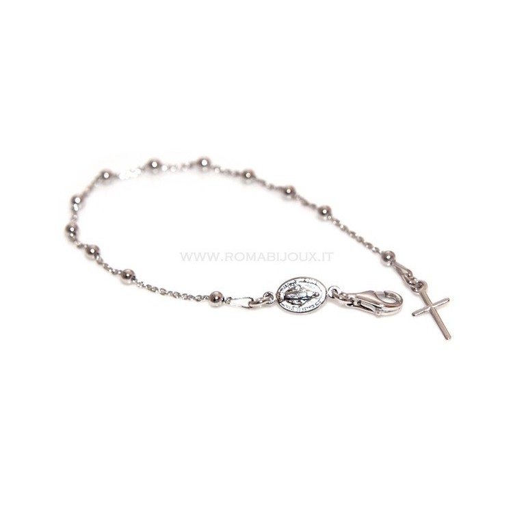 NLB|Rosary bracelet man or woman in 925 sterling silver cross smooth rod White gold balls 3 mm
