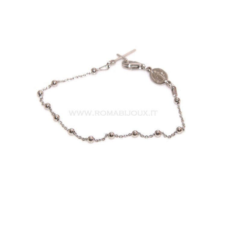 NLB|Rosary bracelet man or woman in 925 sterling silver cross smooth rod White gold balls 3 mm