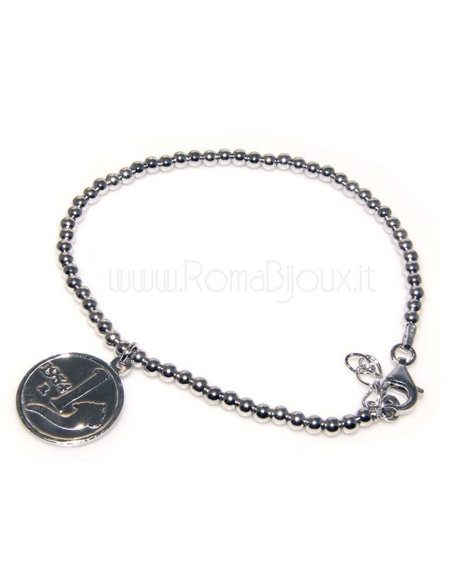 Bracciale a palline uomo o donna in Argento 925 con pendente una lira 1954 moneta Bracciale a palline uomo o donna in Argento 925 con pendente una lira 1954 moneta