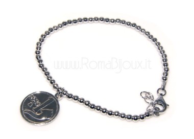 NLB|Bracciale a palline uomo o donna in Argento 925 con pendente una lira 1954 moneta