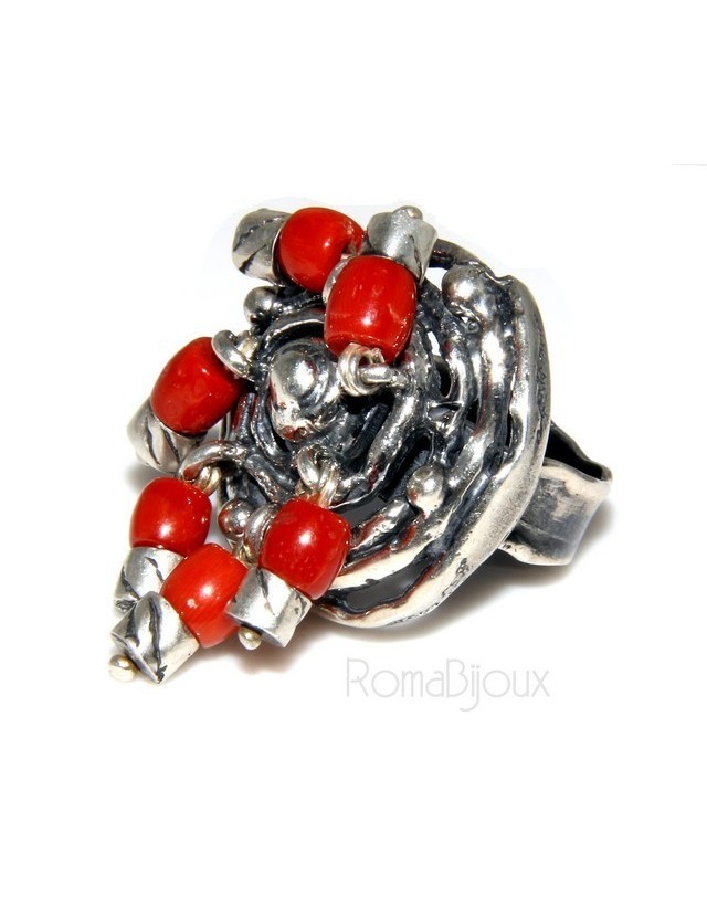 Argento 925 : Anello donna oblique regolabile realizzato a mano con Corallo verace (Naturale ) Argento 925 : Anello donna oblique regolabile realizzato a mano con Corallo verace (Naturale )