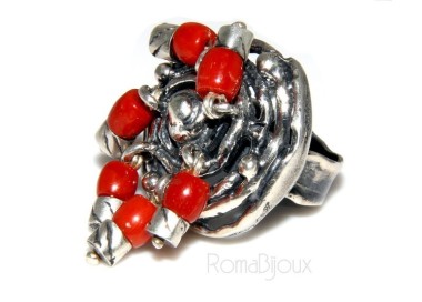 NLB|Argento 925 : Anello donna oblique  regolabile realizzato a mano con Corallo verace (Naturale )