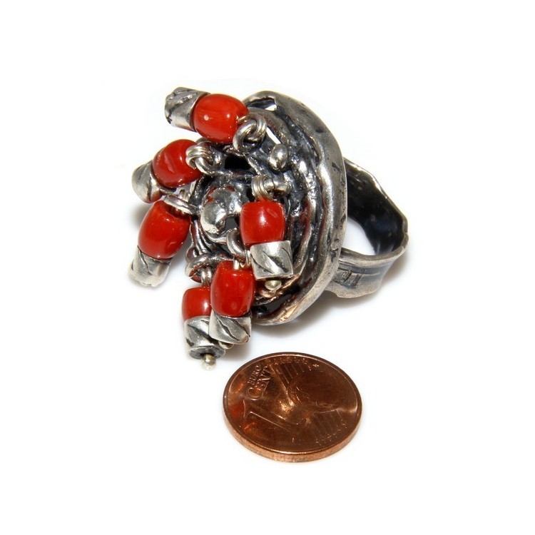 NLB|Argento 925 : Anello donna oblique  regolabile realizzato a mano con Corallo verace (Naturale )