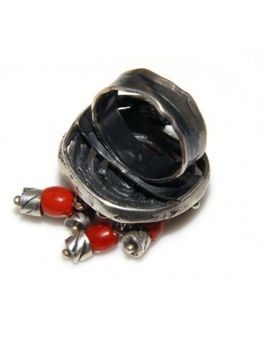 Argento 925 : Anello donna oblique  regolabile realizzato a mano con Corallo verace (Naturale )