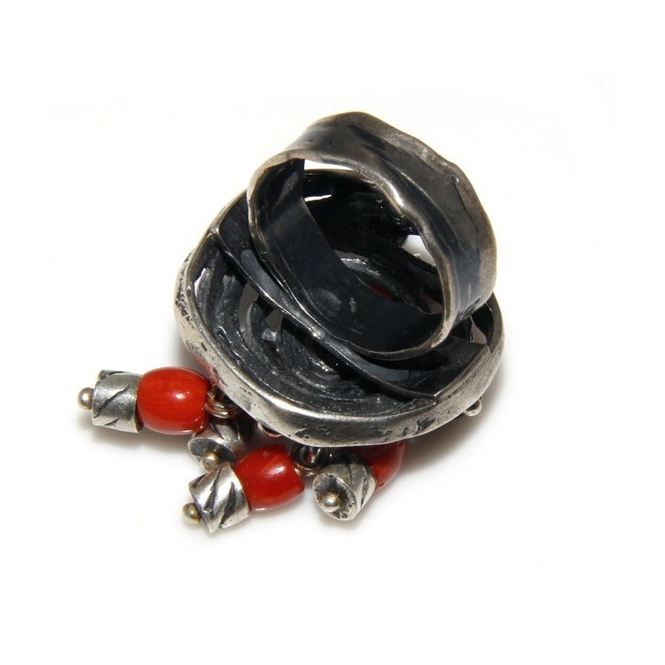 NLB|Argento 925 : Anello donna oblique  regolabile realizzato a mano con Corallo verace (Naturale )