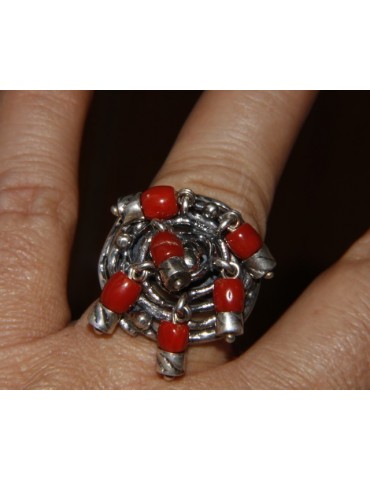 Argento 925 : Anello donna oblique  regolabile realizzato a mano con Corallo verace (Naturale )