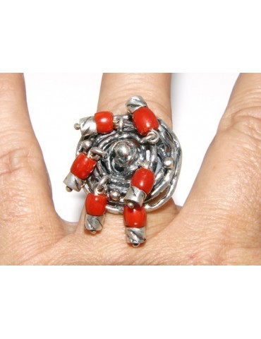 Argento 925 : Anello donna oblique  regolabile realizzato a mano con Corallo verace (Naturale )