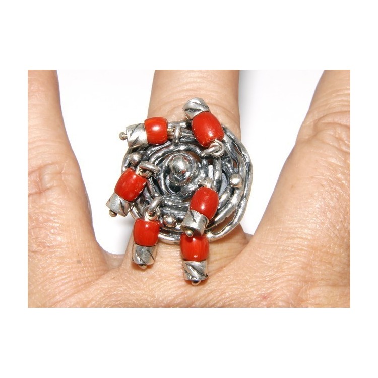 NLB|Argento 925 : Anello donna oblique  regolabile realizzato a mano con Corallo verace (Naturale )
