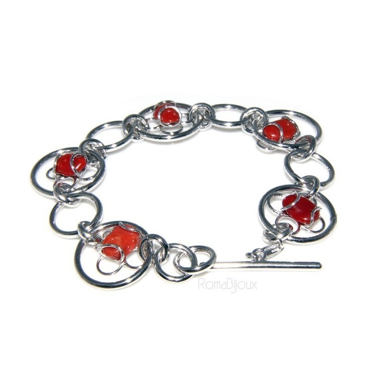 NLB|Argento 925 : Anello donna oblique  regolabile realizzato a mano con Corallo verace (Naturale )