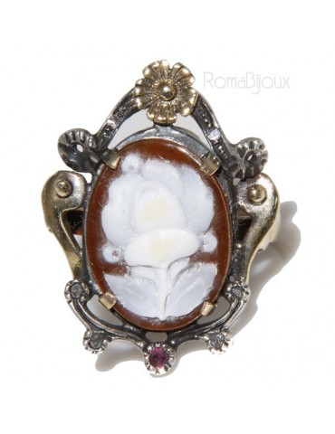 Oro giallo 9kt e Argento 925 anticato : Anello donna barocco realizzato a mano con cammeo ovale e radice di rubino mis 16/17