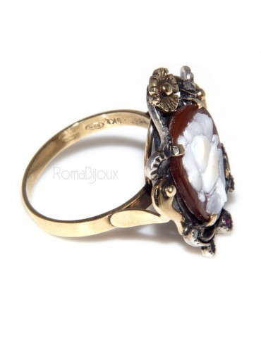 Oro giallo 9kt e Argento 925 anticato : Anello donna barocco realizzato a mano con cammeo ovale e radice di rubino mis 16/17
