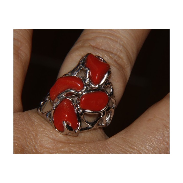 NLB|Argento 925 : Anello donna regolabile realizzato a mano con stella di corallo rosso naturale