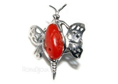 NLB|Argento 925 : Anello donna farfalla realizzato a mano con gemma di corallo rosso naturale 17