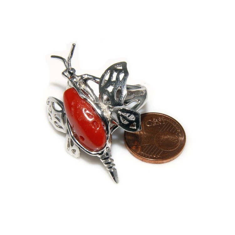 NLB|925: Ring woman butterfly handmade with natural red coral gemstone 17
