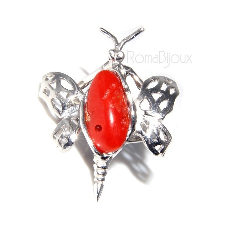 NLB|Argento 925 : Anello donna farfalla realizzato a mano con gemma di corallo rosso naturale 17