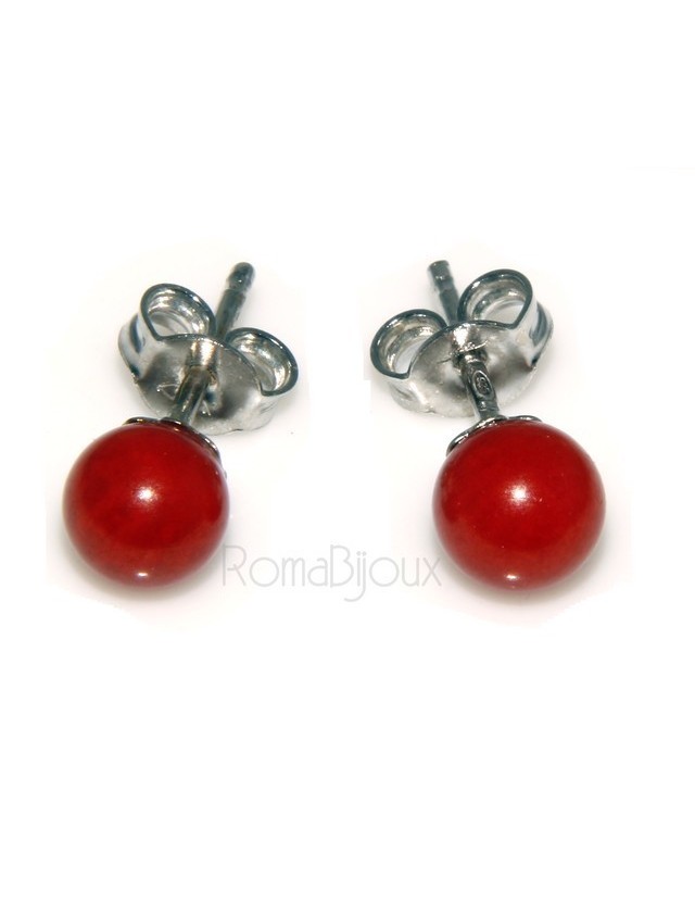 Orecchini in Argento 925 pallina perla calibrata corallo naturale rosso Orecchini in Argento 925 pallina perla calibrata corallo naturale rosso