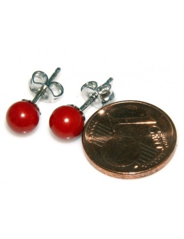 Earrings in 925 sterling silver pearl ball calibrated natural coral red