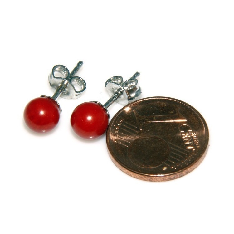 NLB|Earrings in 925 sterling silver pearl ball calibrated natural coral red