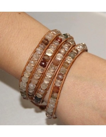 bracciale argento 925 quarzo fumè Naturale e cuoio hip hop marrone pietre