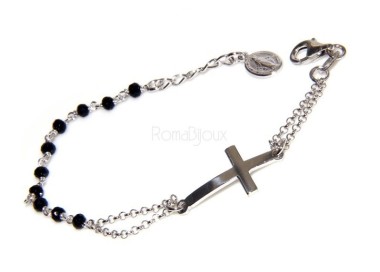 NLB|Bracciale rosario uomo donna in Argento 925 con immagine madonnina , croce convessa e cristallo nero . Mis 17,50